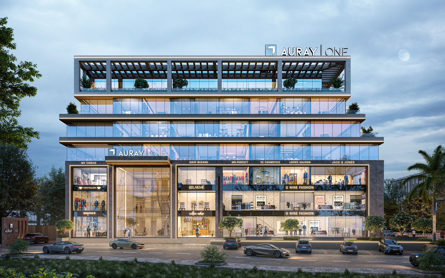 Auray One commercial tower facade in Surat