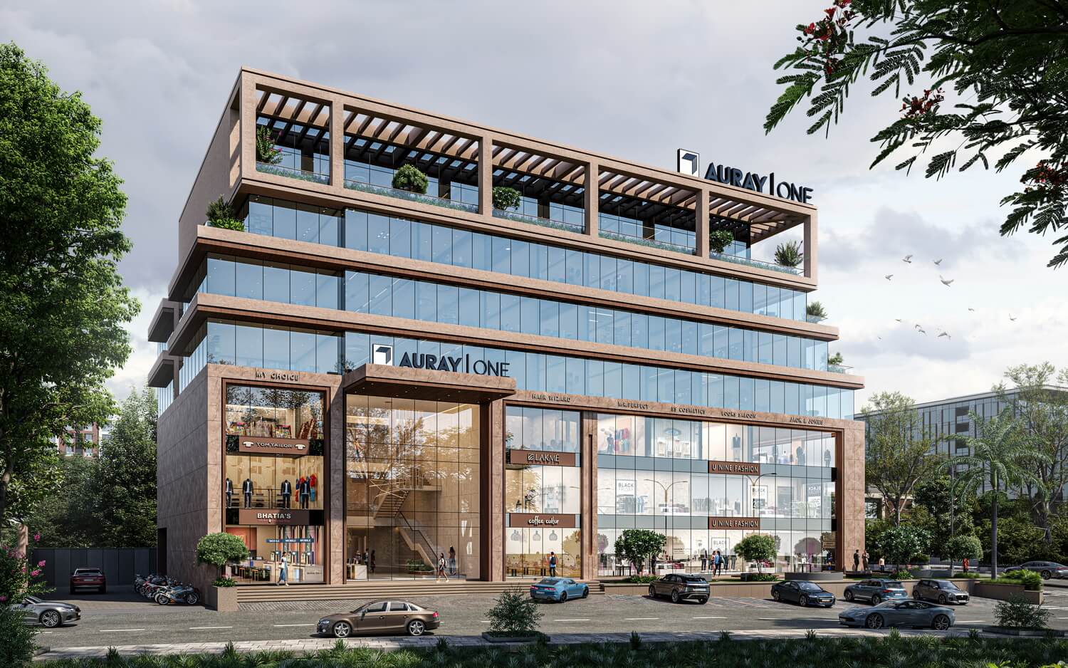 Auray One commercial building facade, Katargam Surat