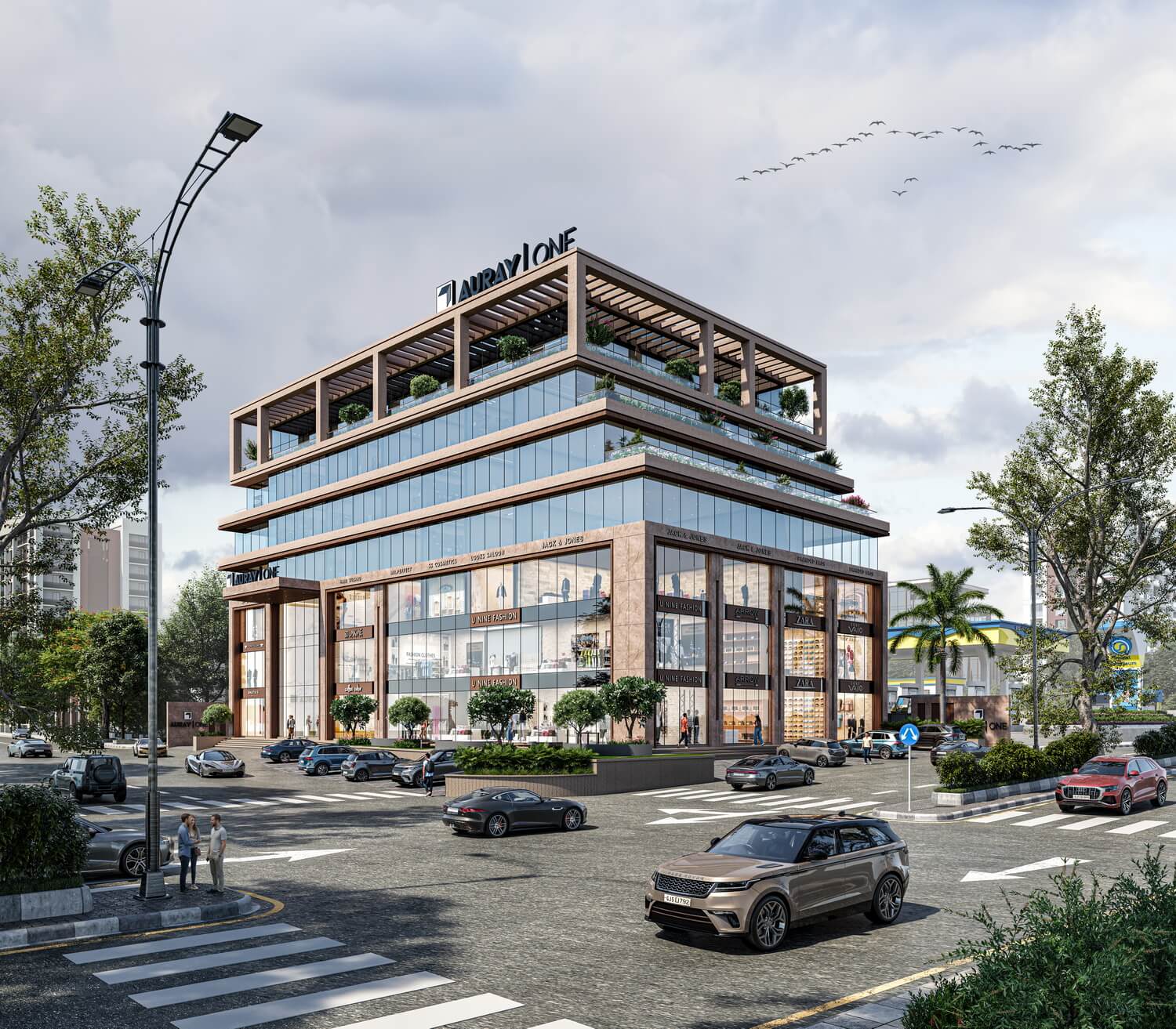 Modern commercial building facade at Auray One, Surat